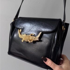 Vintage 90s Elegant Black Leather Handbag with Gold Accent/Old School Luxury Bag